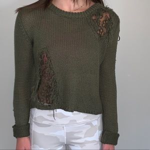 Slightly cropped olive green flower mesh sweater